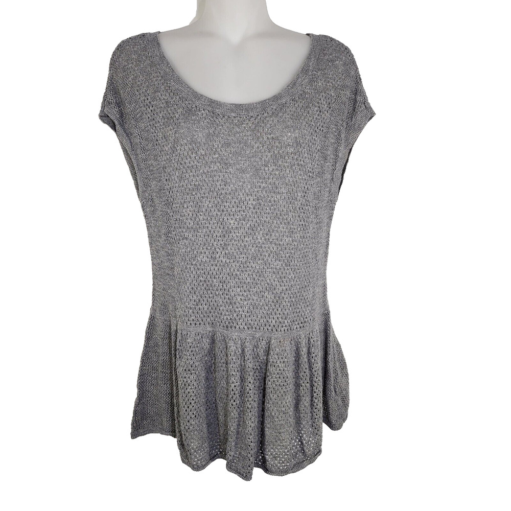 American Eagle Outfitters Women Top Large Open Knit Short Cap Sleeve Peplum Gray